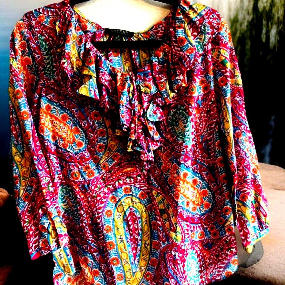 VTG 90s Ralph Lauren ruffle front Blouse cottage peasant Womens S paisley Boho